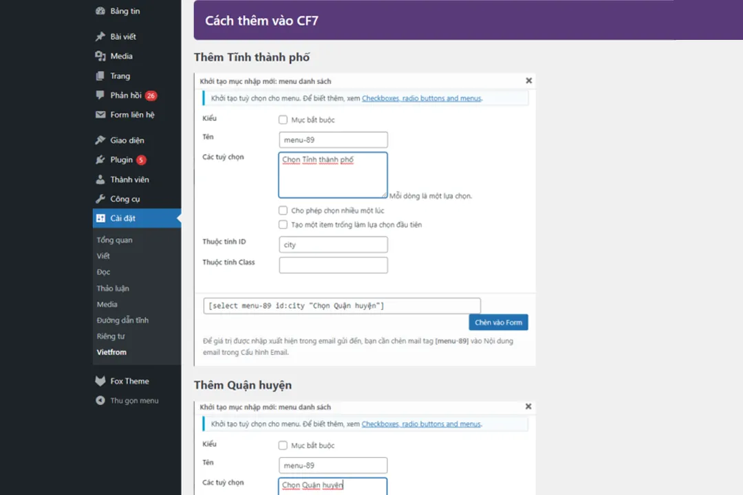 Cách thêm địa chỉ tỉnh thành cho CF7 miễn phí Thêm địa chỉ tỉnh thành cho CF7 miễn phí
